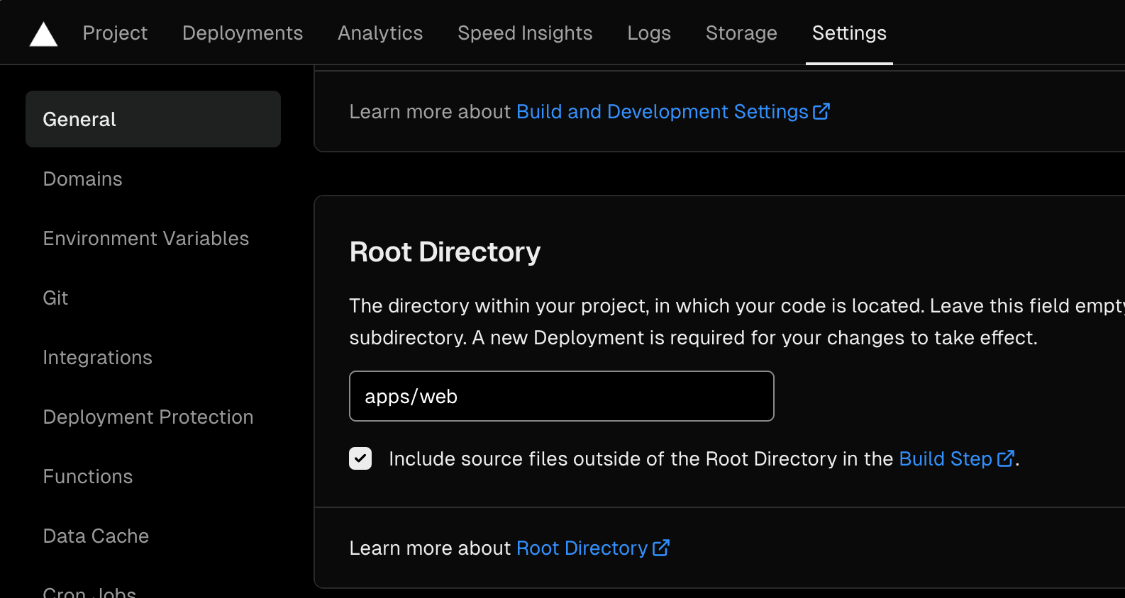 Vercel root directory setting